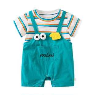 小月龄多巴胺穿搭夏季薄款男宝宝衣服夏装假两件婴幼儿哈衣爬服潮