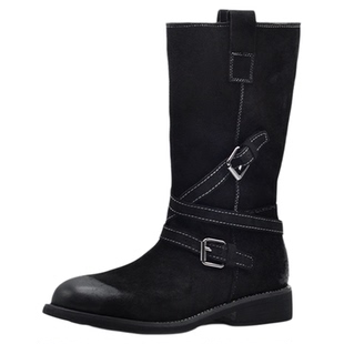 Artmu阿木牛皮靴子中筒靴女马丁靴女款2025新款骑士靴双扣西部靴