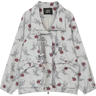 妖精的口袋原创玫瑰公主满印短外套女2026年春季新款甜酷工装风衣