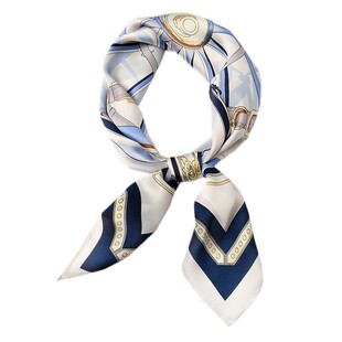 丝巾小方巾女高级感通勤蓝白皮扣马车领巾 搭配西装的ins头巾发带