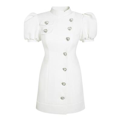 Maison Wester春季流行时尚女士复古白斜门襟泡泡袖长裙子连衣裙