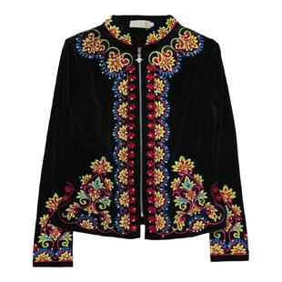 新舞蹈演出服女秋冬新款金丝绒绣花烫钻短衣服维吾尔族广场舞外套