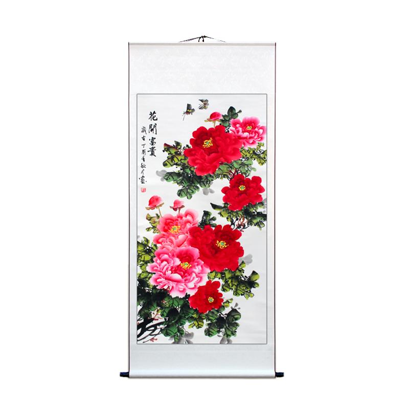 手绘牡丹国画花开富贵吉祥风水招财客厅玄关竖版装饰画玄关挂轴画