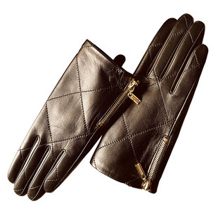 拉链装饰进口小山羊皮真皮手套女冬加绒保暖开车骑车时尚纯皮触屏