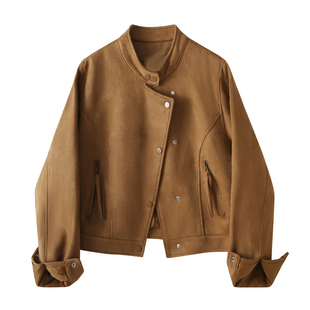 今年流行的复古麂皮绒短款外套女秋装休闲显瘦小个子立领机车夹克