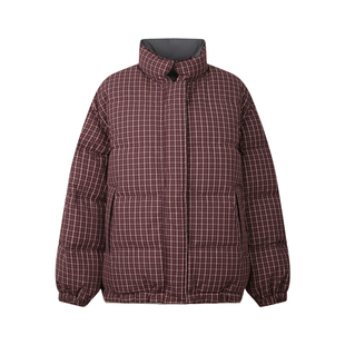 BLUEerror 双面穿立领保暖格子羽绒服女宽松加厚方格面包服冬季