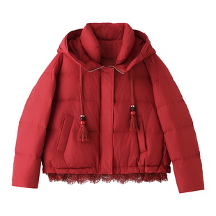 ERAL艾莱依短款毛绒拼接羽绒服女2025冬白鸭绒保暖洋气小个子外套