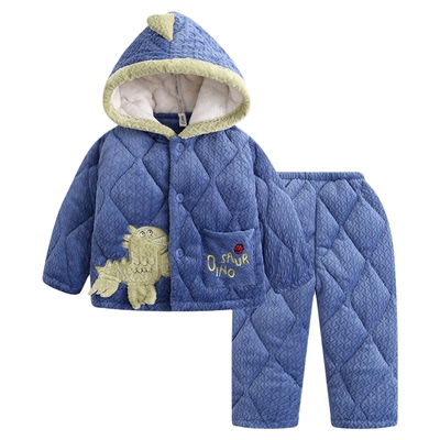 冬季儿童三层夹棉睡衣男童加绒加厚法兰绒中大童男孩冬戴帽家居服