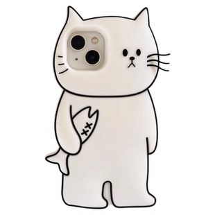 宁宁 趣味可爱白色抱鱼猫咪立体硅胶软女iPhone16Pro Mobile Case