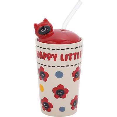 可爱立体小猫带盖吸管杯陶瓷水杯