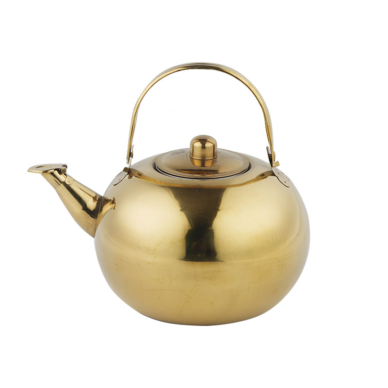 加厚不锈钢茶壶饭店泡茶壶带滤网电磁炉烧水壶茶具家用金色玲珑壶