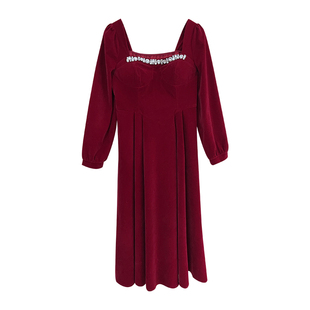 平安夜【自制款】大码胖mm法式轻奢丝绒连衣裙订婚红裙水钻重工裙