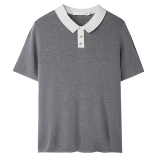 HLA/海澜之家撞色翻领短袖针织衫25春夏新休闲风含羊毛毛衣女装