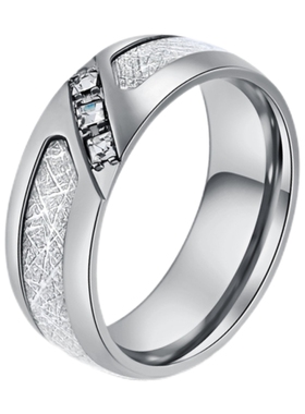 高档男钛钢镶方锆石银丝雾凇戒指