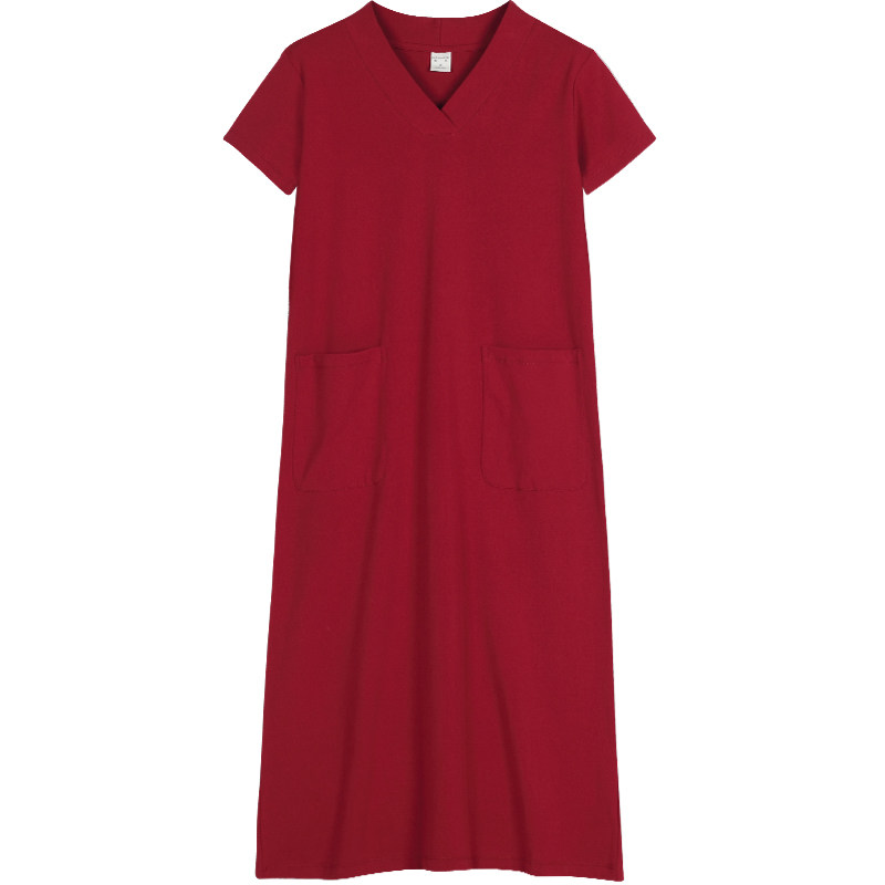 红色气质连衣裙春夏女神范衣服v领大码胖mm宽松显瘦短袖长款裙子