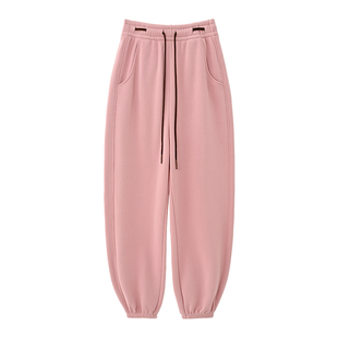 SEAWHEN海维恩加绒休闲裤女冬季松紧腰抽绳束脚阔腿裤灰色运动裤