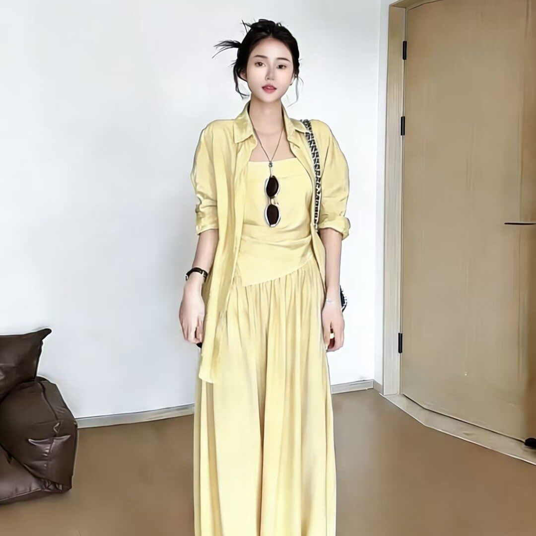 2026春夏新款简约时尚宽松气质休闲三件套吊带长群防晒上衣套装女