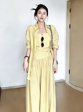 2026春夏新款简约时尚宽松气质休闲三件套吊带长群防晒上衣套装女
