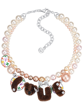 YVMIN尤目 LOVE熊人造珍珠双层项链毛衣链珍珠颈链新年生日礼物