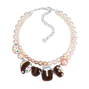 YVMIN尤目 LOVE熊人造珍珠双层项链毛衣链珍珠颈链新年生日礼物