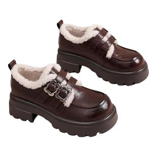 星期六黑色乐福鞋女厚底冬季女鞋保暖皮鞋英伦风小个子一脚蹬棉鞋