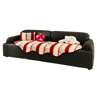 异形红色条纹沙发垫秋冬防滑客厅沙发盖布毯子轻奢高级感2024新款