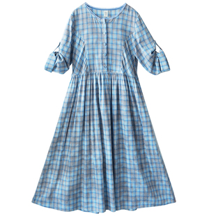 【天空写诗】夏季纯棉色织方格子连衣裙女2025新款收腰精致长裙子