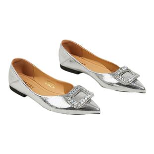 星期六女浅口单鞋春季新款银色百搭气质婚鞋名媛尖头平底软底女鞋