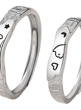 原创涂鸦猫狗情侣对戒纯银999