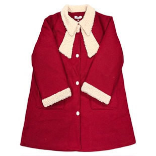 大码女装2025冬季羊羔绒拼接蝴蝶结红色宽松夹棉加厚毛呢外套大衣