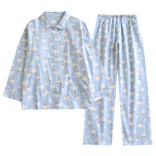 纯棉磨毛绒布女士长袖长裤家居服套装大白鹅春秋季睡衣元宝领卡通