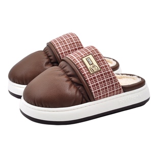 大嘴猴防水保暖棉拖鞋男式冬天家居室内厚底皮面高级感情侣可外穿