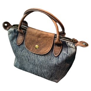 本初与象沫宝家赤耳牛仔单宁水洗拼色头层牛皮休闲百搭饺子包国潮