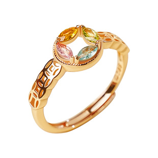 宫里上新旺财戒指女纯银铜钱碧玺宝石手饰指环送女生款生日礼物