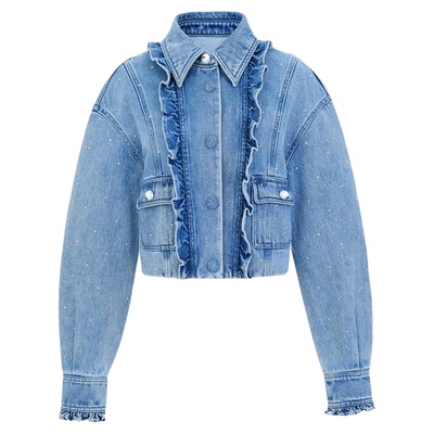 荷叶边烫钻牛仔修身短外套