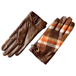 韩版时尚毛绒格子料手背真皮小山羊皮手套女冬季触屏加绒加厚保暖