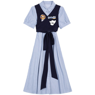 KEIKO 法式蓝色条纹短袖衬衫连衣裙夏季