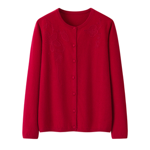气质款~100山羊绒衫女圆领绣花针织开衫宽松毛衣上衣妈妈款大红