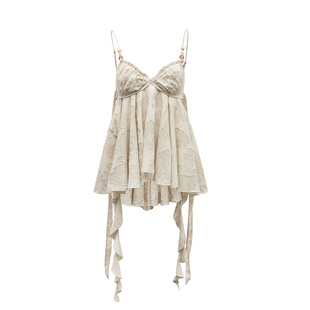 4muggle木质调白色串珠吊带多层性感荷叶边上衣女肉桂香背心显瘦