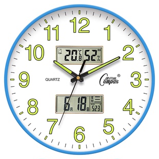 康巴丝双日历静音免打孔挂钟家用客厅夜光钟表挂墙钟简约创意壁钟