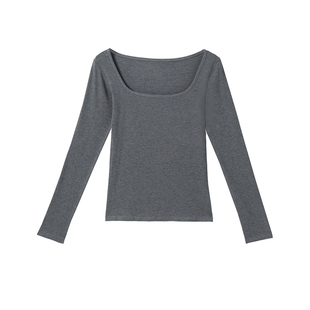欧美风秋冬季黑色螺纹方领长袖t恤女修身内搭露锁骨磨毛打底上衣