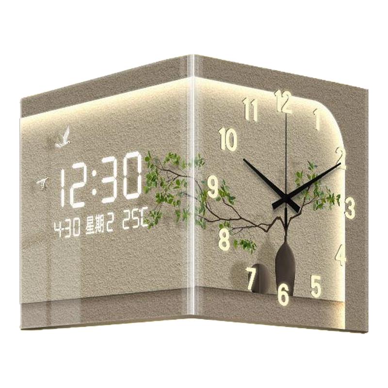 转角时钟挂墙客厅墙角双面拐角挂钟创意高级感绿植免打孔电子钟表