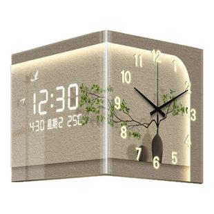 绿植转角时钟挂墙免打孔自动对时挂钟客厅创意高级感壁灯电子钟表