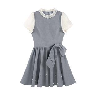 重工钉珠立领灰色法式连衣裙女夏季富家千金风收腰泡泡袖绝美裙子