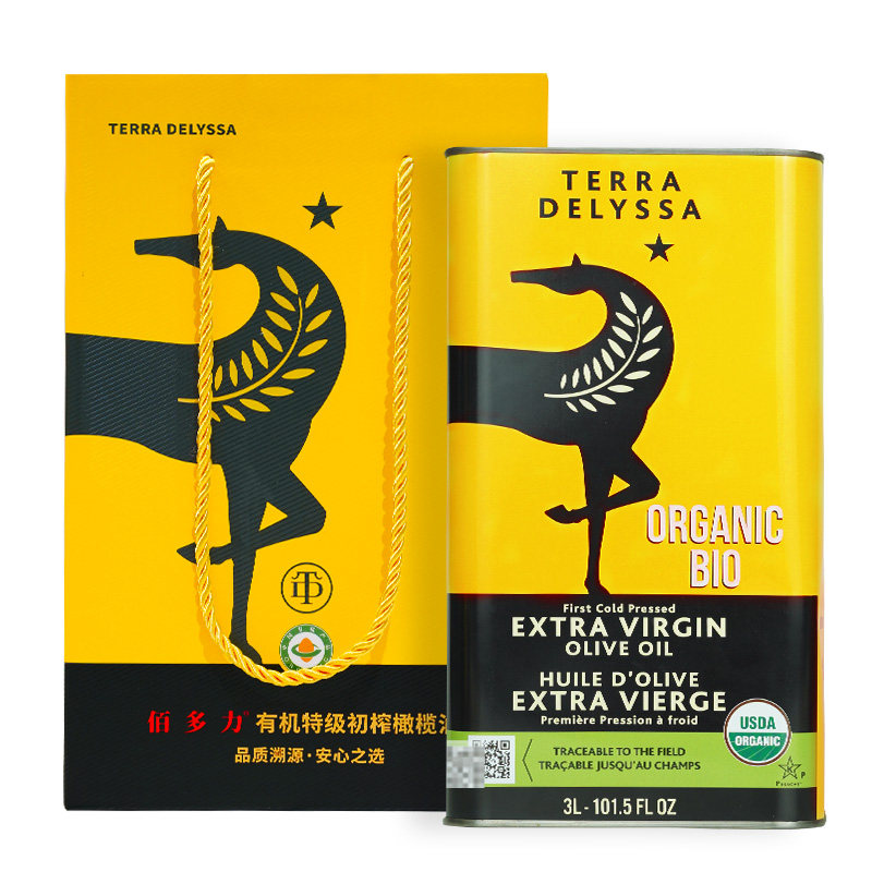 佰多力有机TERRA DELYSSA特级初榨橄榄油3L铁听装酸度≤0.3%