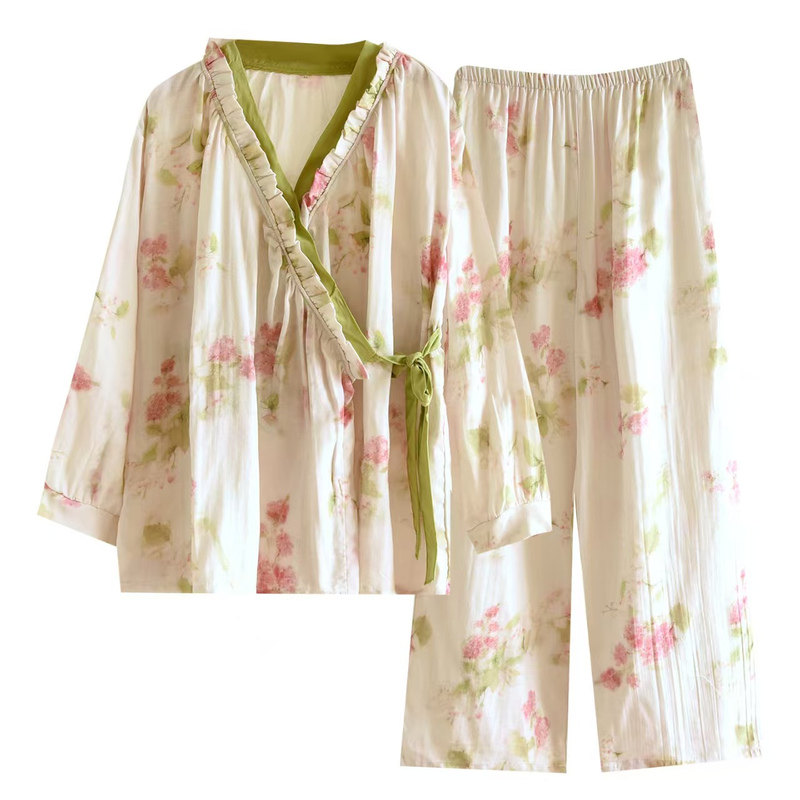 纯棉双层纱睡衣女士春秋和服套装
