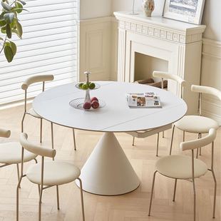 A10L岩板餐桌可伸缩多功能奶油风纯白圆桌2023新款 折叠方变圆两用