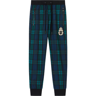 BM男士刺绣英伦港风格子休闲裤男潮流百搭修身束小脚九分哈伦卫裤