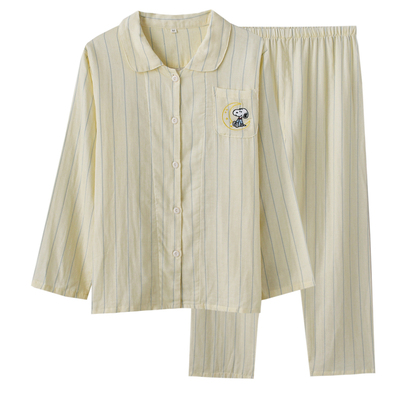 女纯棉双层纱布条纹薄款长袖睡衣