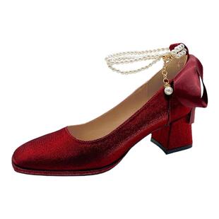 法式玛丽珍鞋粗跟单鞋女酒红色高跟鞋女2024新款婚鞋伴娘鞋不累脚